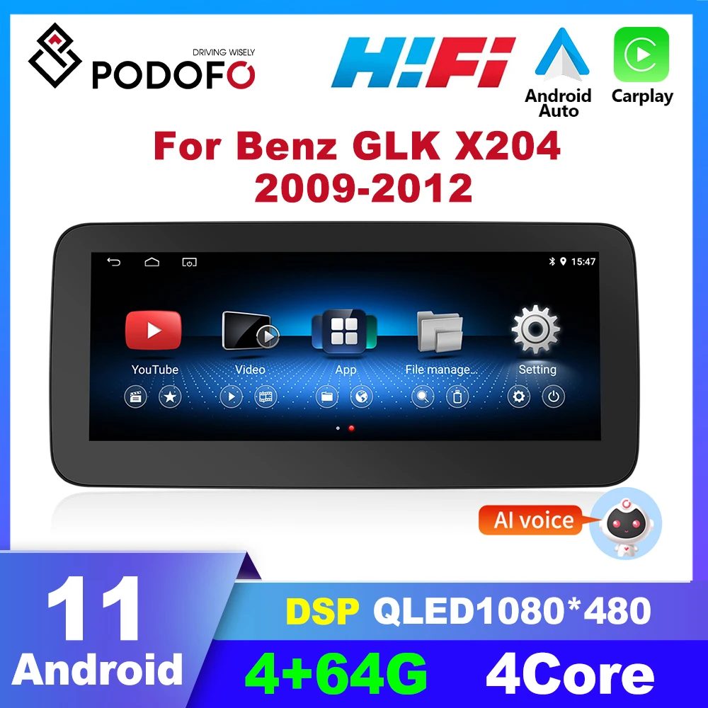 Podofo Android 11 Car Radio For Benz GLK X204 2009-2012 Multimedia Player Car Stereo Carplay Autoradio GPS Navigation 4G