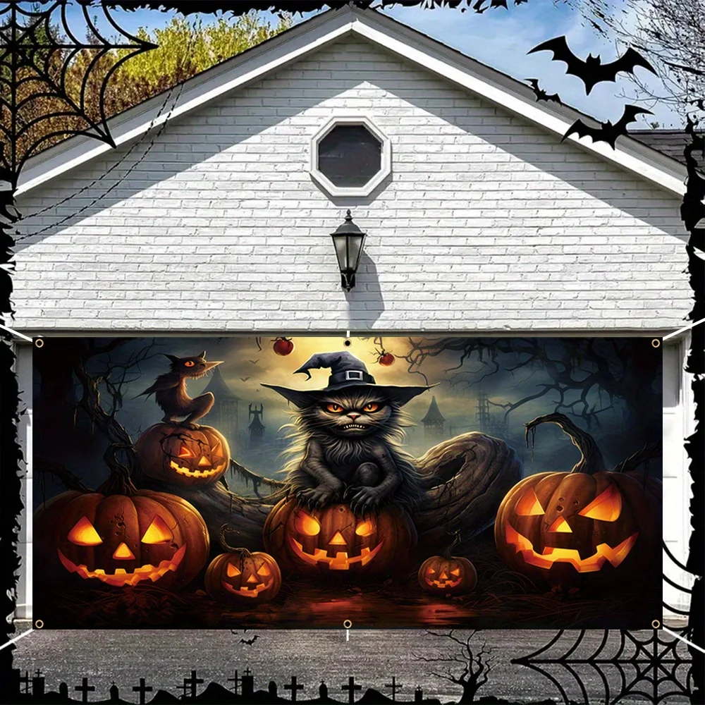 Ein 2D-Banner, eine erschreckende Halloween-Garagentürdekoration, eine gruselige Geister-Kürbislaterne mit schwarzem Katzenmuster