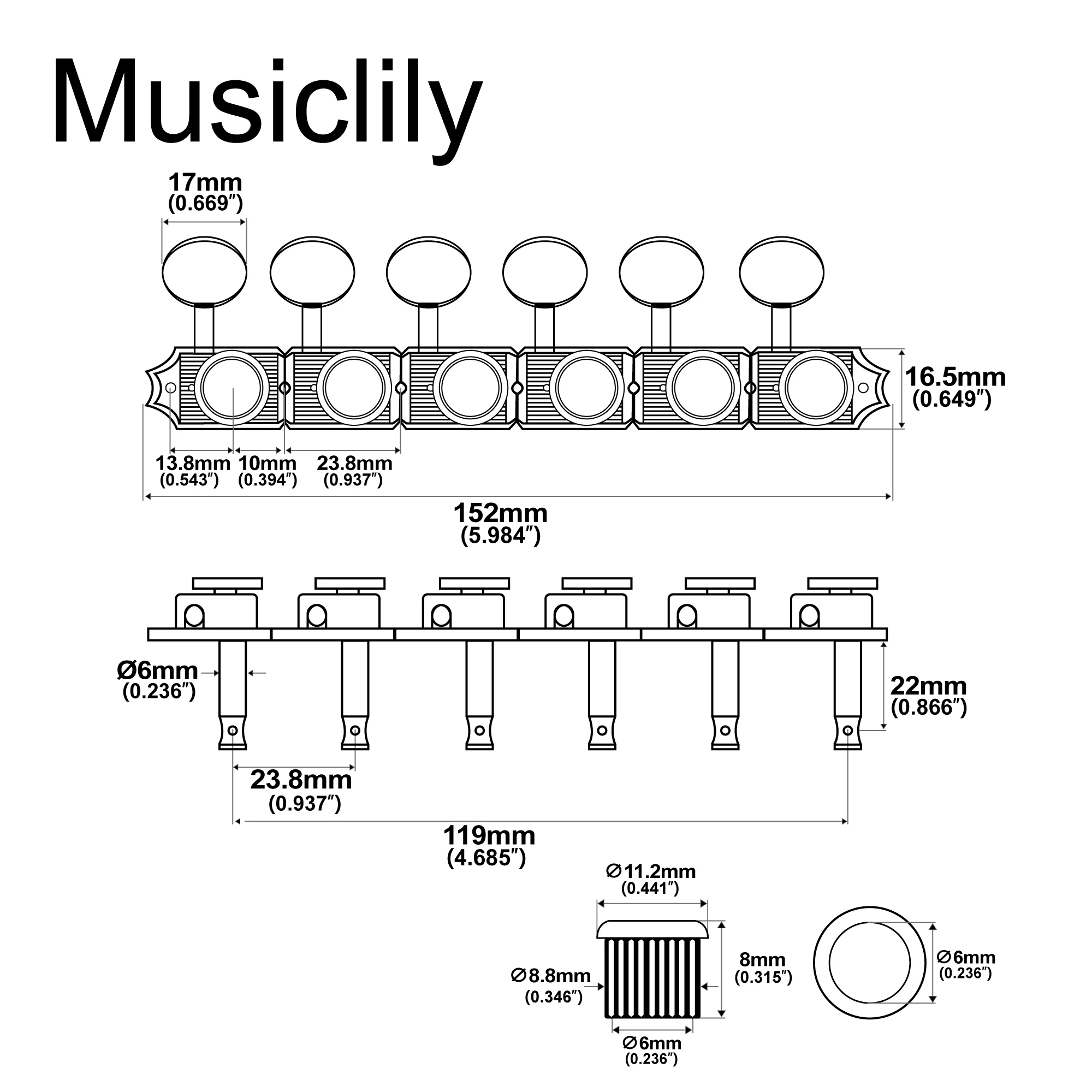 Musiclily Pro R15T 6-in-line 14:1 Ratio Semi Closed Vintage Hybrid Style Locking Machine Heads Tuners for Fender Squier ST Tele view 2