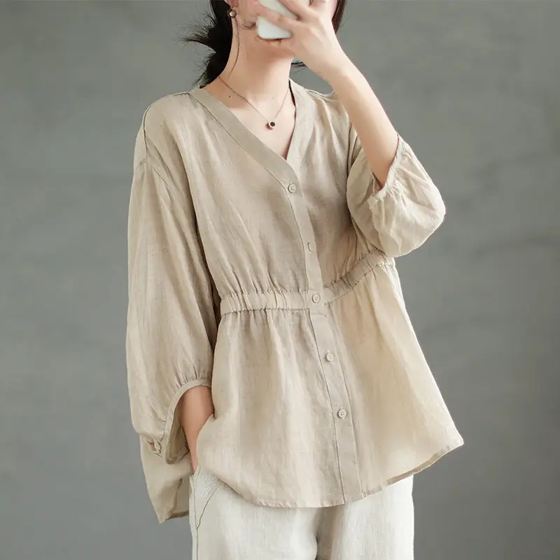 Oversize Cotton Ramie Ladies Tops Summer Fashion Retro Woman Shirt Ethnic Style Imitation Linen Thin Loose Casual Blouse 2023