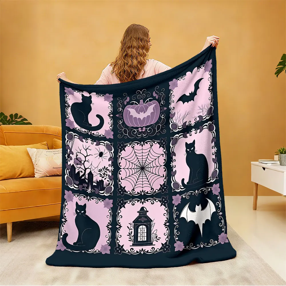 1pc black-pink Halloween dark-themed retro patchwork flannel blanket, suitable for casual sofas and napping during breaks