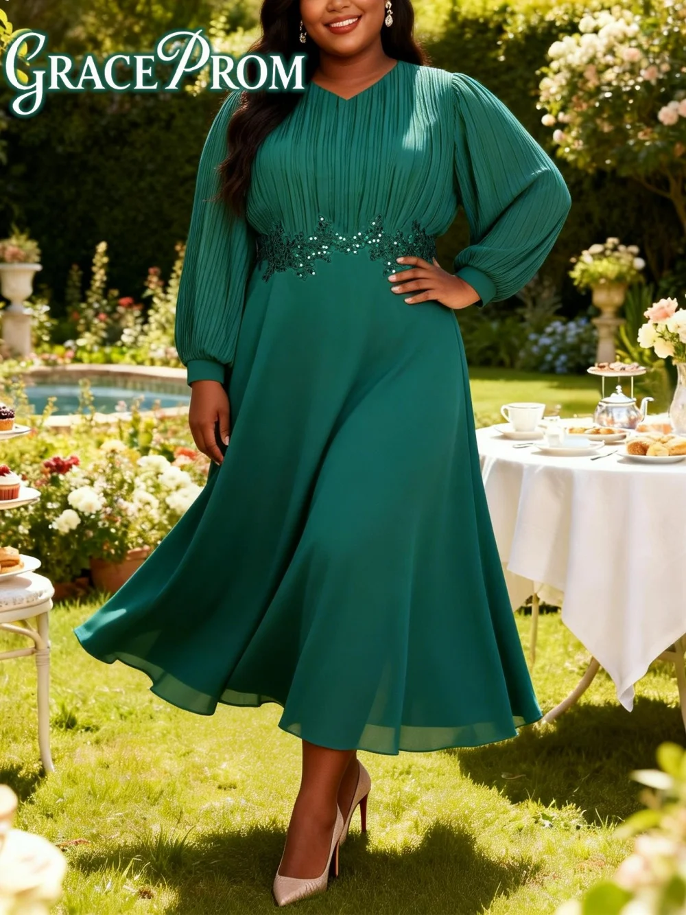 

Formal Pleated Puff Sleeve Banquet Dress Vibrant Sequin Cinched Tea Party Gown Garden Party Elegant Maxi Dress فساتين طو