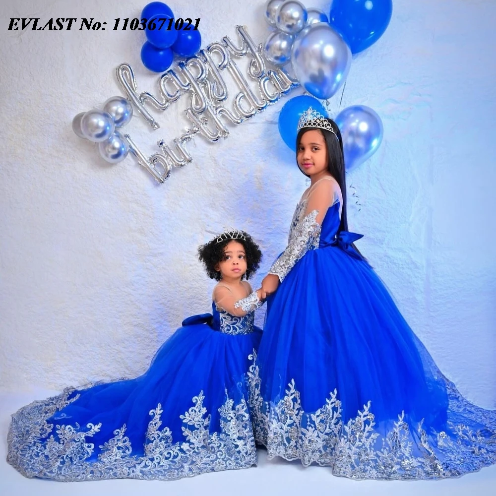 EVLAST Customized Royal Blue Long Sleeve Flower Girl Dress For Weddings Beading Little Girls Pageant Birthday Party Gown FD84