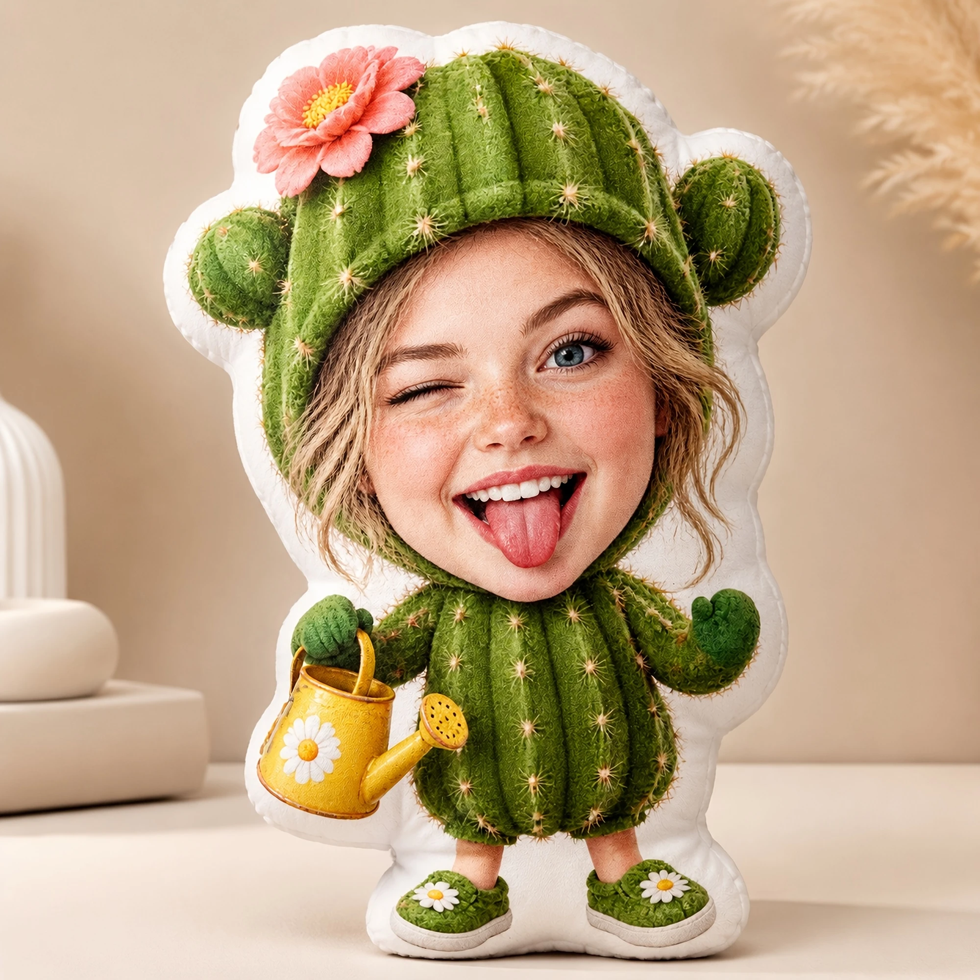 1pc [2D Flat] Custom Double Sided Printed Novelty Shaped Cushion Pillow, Fun Cactus Character Design for Sofa, Bed, Chair, or De