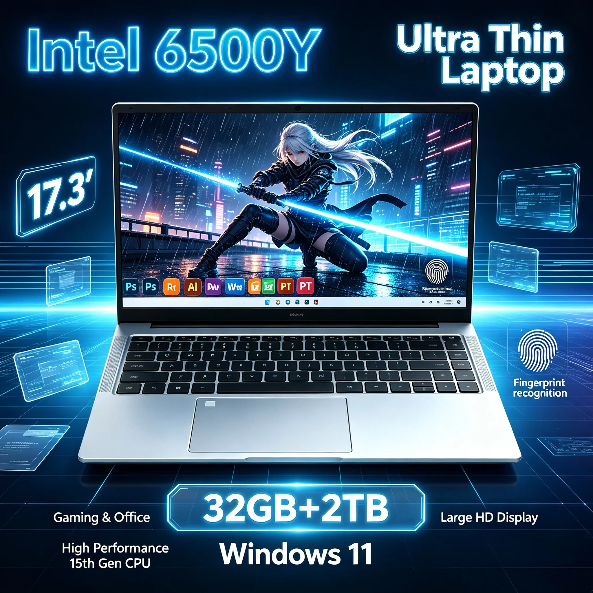 17.3'' Inch Big HD Screen PC Notebook Intel 6500Y 32GB RAM 1TB 2TB SSD Win11 WiFi6 BT5.2 Portable Laptop Office Daily Work Use