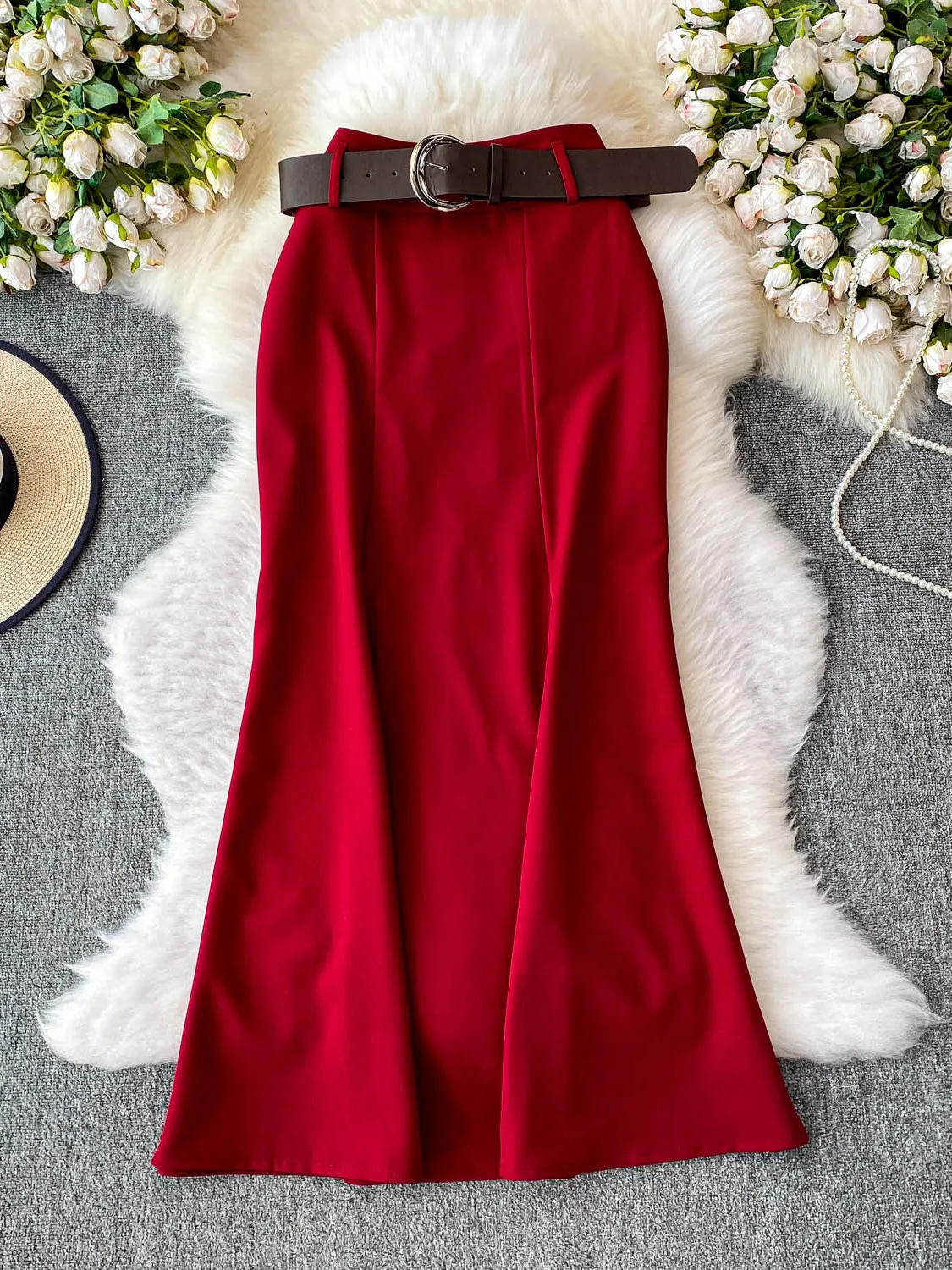 

Ele White Midi Skirt Women's Faionable Fi Tail Skirt High Waist Knitted Non-Stretchy Daily Wear Autumn 2025