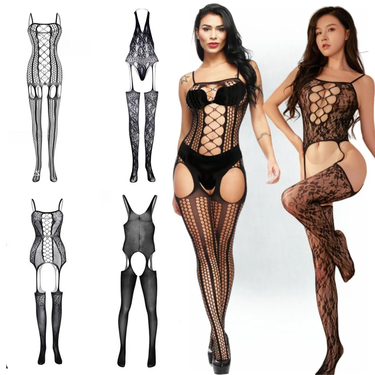 

Women's Sexy Lingerie See-through Mesh One-piece Open Body Stocking for Woman Lace Fishnet Bodysuit Uniforms Stockings Underwear