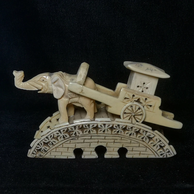 

YIZHU CULTUER ART Collection Ancient China Tibet ox Bone Hand Carved Elephant Cart Lovely Family Decoration