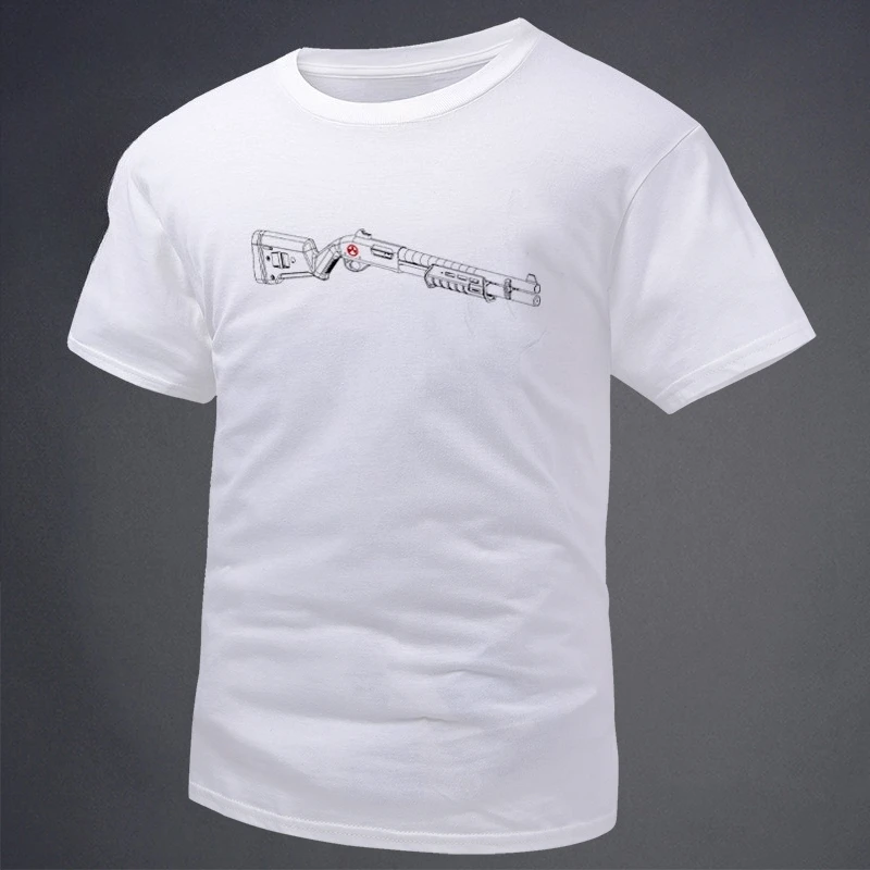 Summer New 2026 Weapon Pattern Printed Short-sleeved T-shirt Melee Weapon Shotgun Sketch T-shirt Military Enthusiast Style