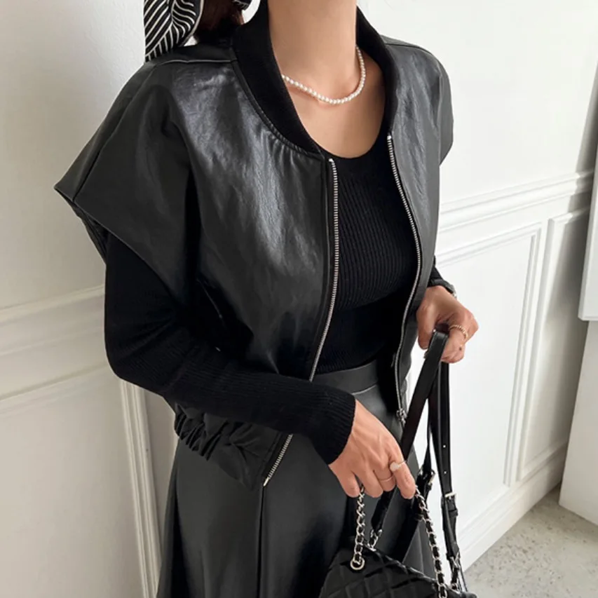 Chique vintage high-end redondo ne zíper couro do plutônio solto versátil colete svel ort jaet feminino faion outono inverno