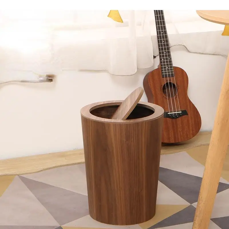 Swing Cover Wooden Trash Can Garbage Bin Wastebasket Round Shape Waste Bins Home Storage Bucket Kitchen