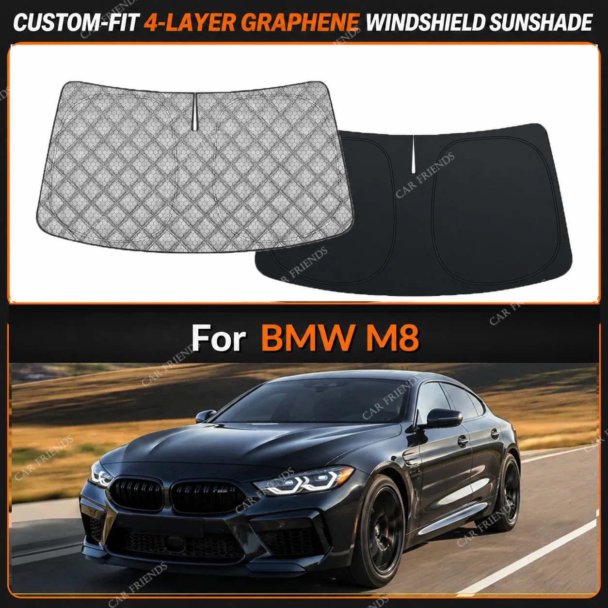 For BMW M8 Custom-Fit 4-Layer Graphene Windshield Sunshade Reflective Gray-Silver Surface Helps Reduce Direct Sunlight