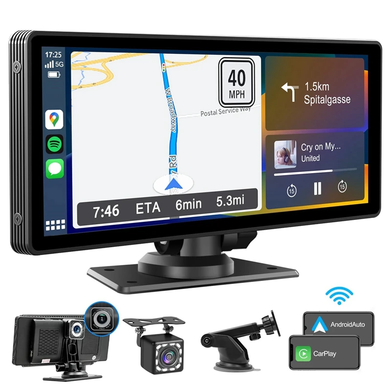 Tragbares kabelloses Carplay-Autoradio mit Dashcam – 10,26 Zoll HD-IPS-Bildschirm, Android Auto, 1080P-Backup-Kamera, Bluetooth