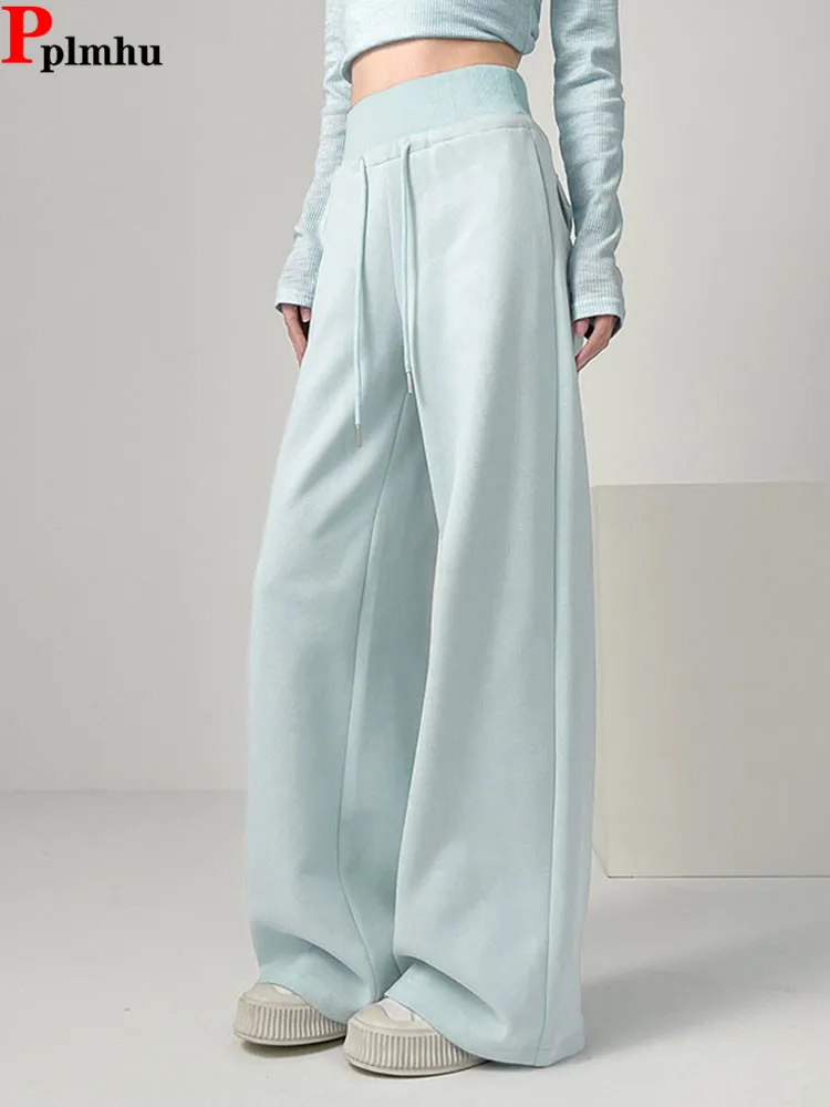 

Свободные повседневные однотонные спортивные штаны, корейские модные эластичные широкие брюки с высокой талией, женские весенне-осенние прямые брюки на шнуровке, новые