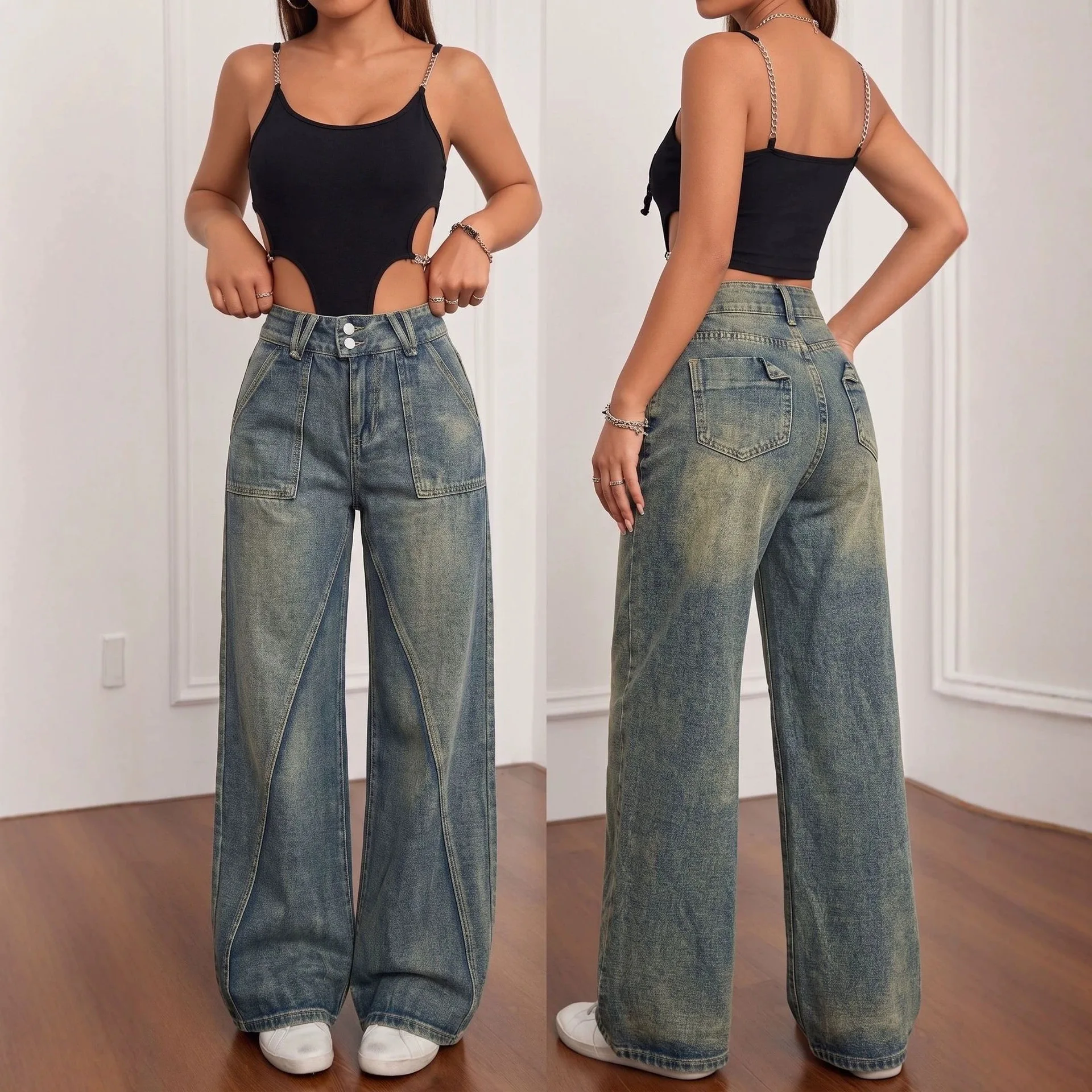 Women's Jeans Are Specially Designed For Nostalgic Blue-dyed Wide-leg Jeans For Women, High Waist, Double Buckle, Large Pockets,