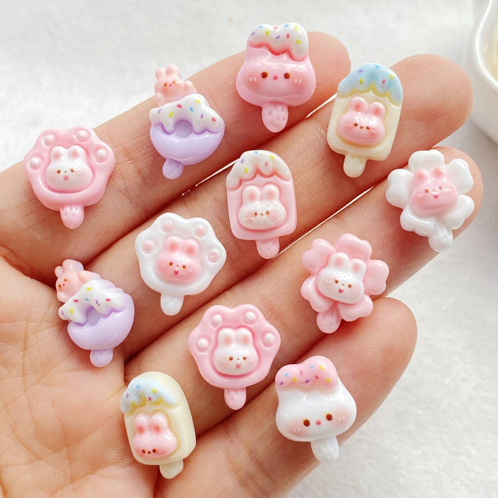 30Pcs Cute Mini Cartoon Rabbit Ice Cream Series Series Nail Art Resin Designer Charms DIY Craft For Nail 3D Decorations Jewelry