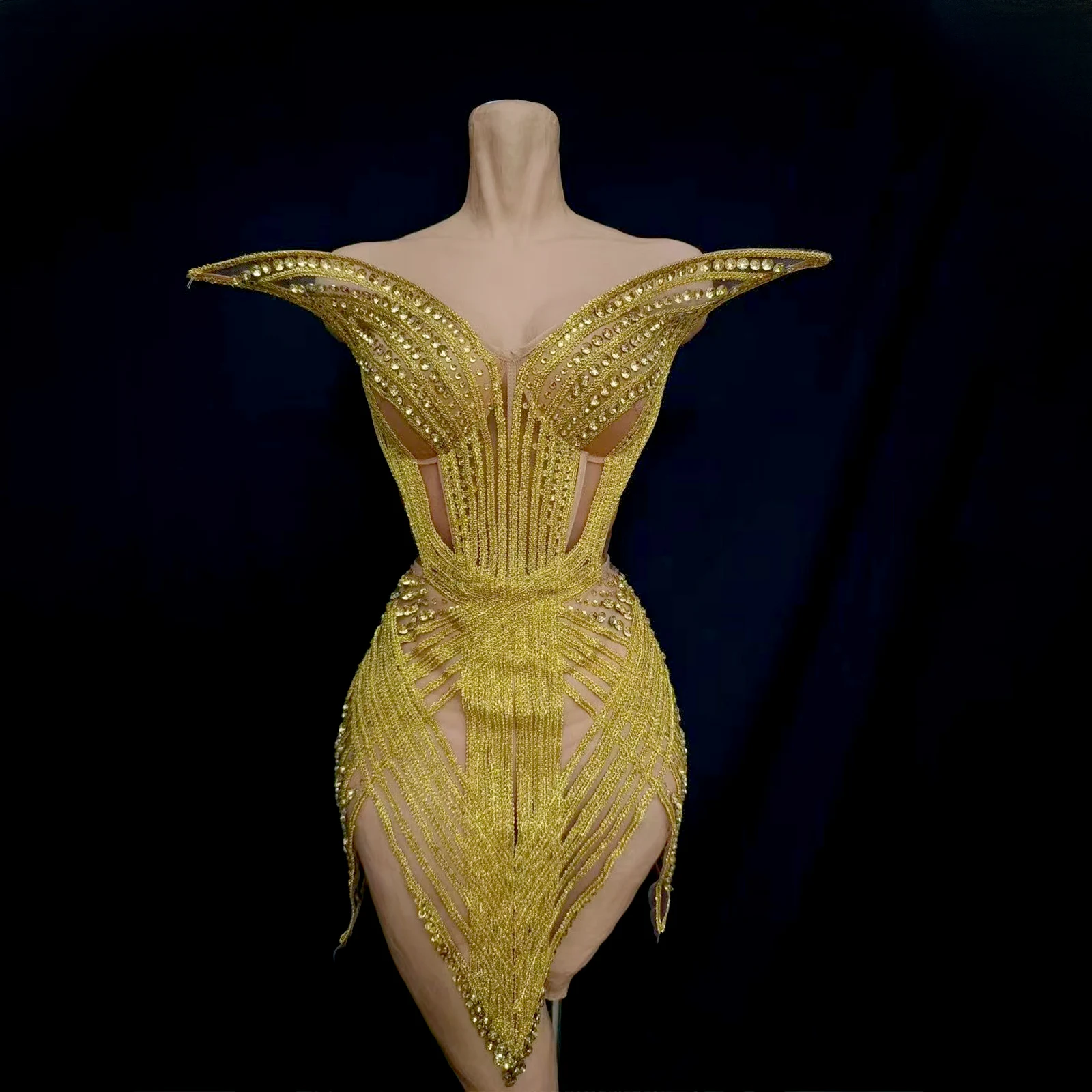 

Sexy Sparkly Gold Mesh See Through Mini Birthday Dress Evening Party Dance Nightclub Performance Costume Stage Drag Queen Outfit