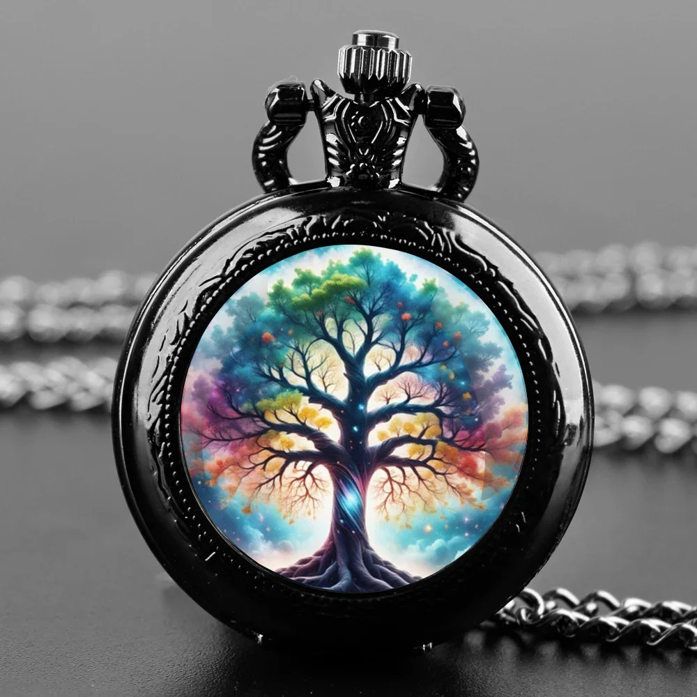 Reloj de bolsillo de cuarzo con cúpula de cristal, árbol de la vida, cadena duradera, esfera de números árabes, regalos creativos para hombres, mujeres y niños