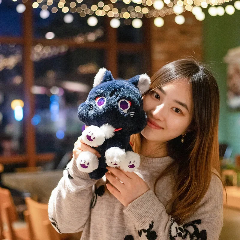 25cm Game Genshin Black Cat Fluffy Impact Wanderer Pet Plush Toy Scaramouche Cats Cosplay Doll Soft Stuffed Pillow Gift for Kids