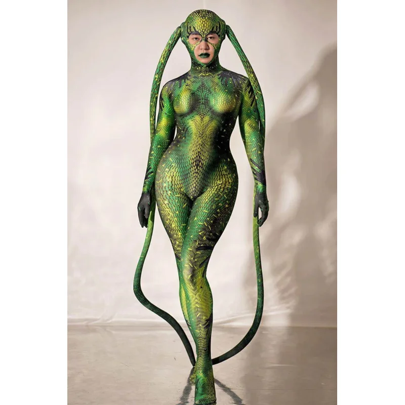 Combinaison moulante en spandex pour hommes et femmes, body vert, costume de cosplay, vêtements de scène, serpent, fête d'Halloween, rave