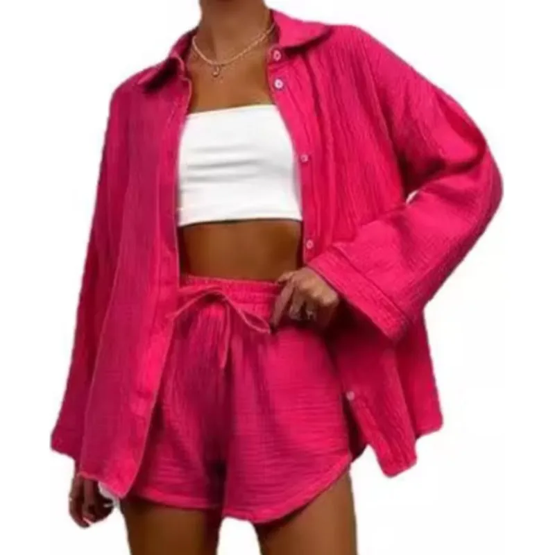 Women's Summer Short Sets Long Sleeve Shirts Tops+Loose Elastic Waist Mini Shorts Sets Cotton Solid Color Pleat Two Pieces Suit