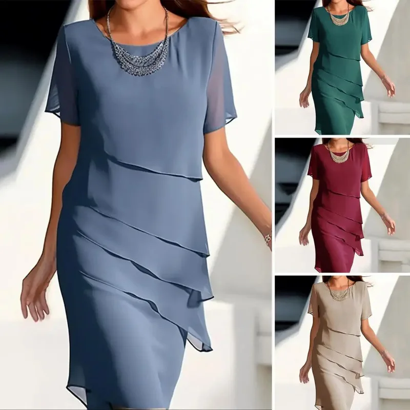 Women's Solid Color Crew Neck Short Sleeve Chiffon Layered Irregular Bodycon Slim Fit Versatile Commute Casual Daily Wear Dress