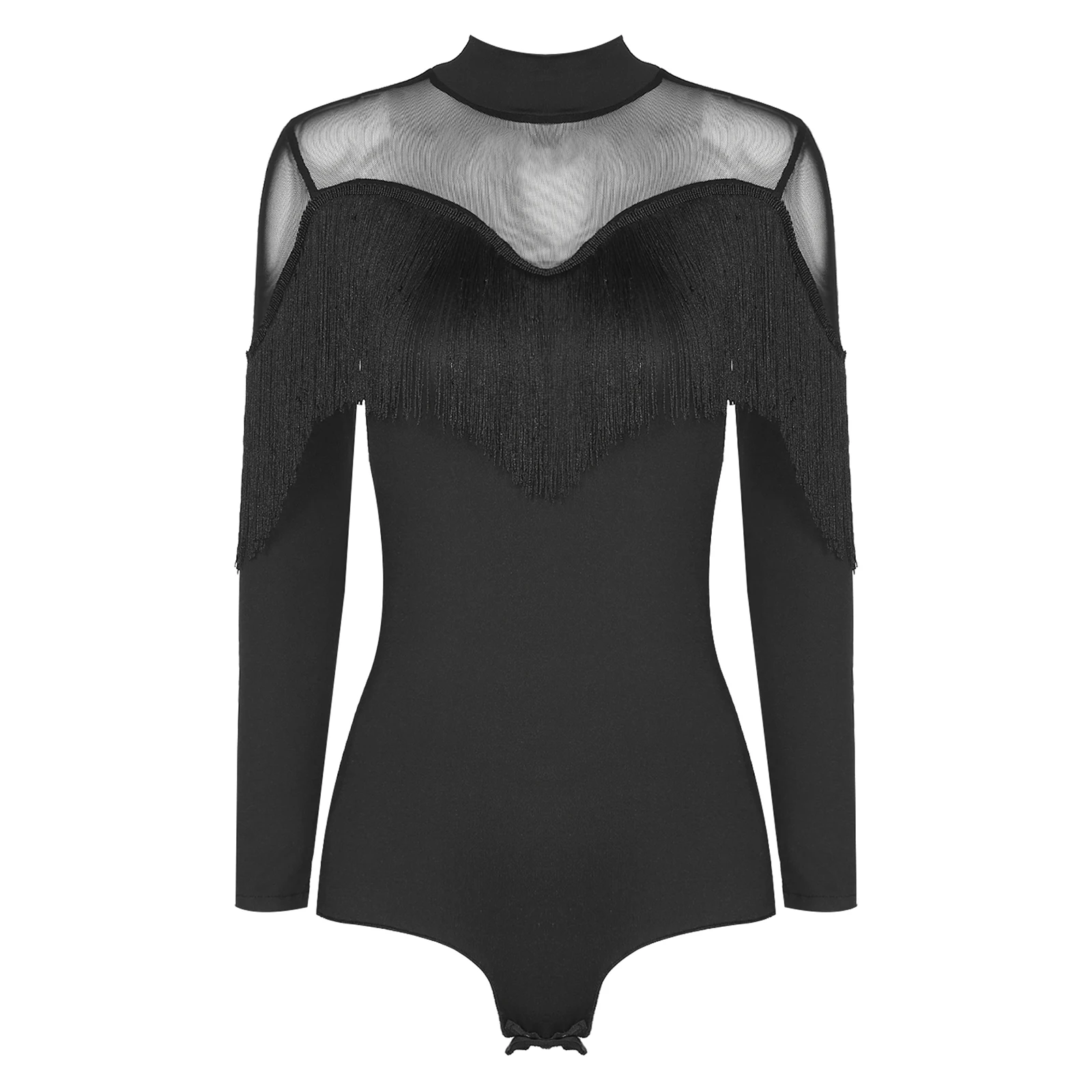 Bodysuit franjado de malha pura manga longa feminino, pescoço simulado, Collant borla para tango Cha-Cha, performance de dança latina