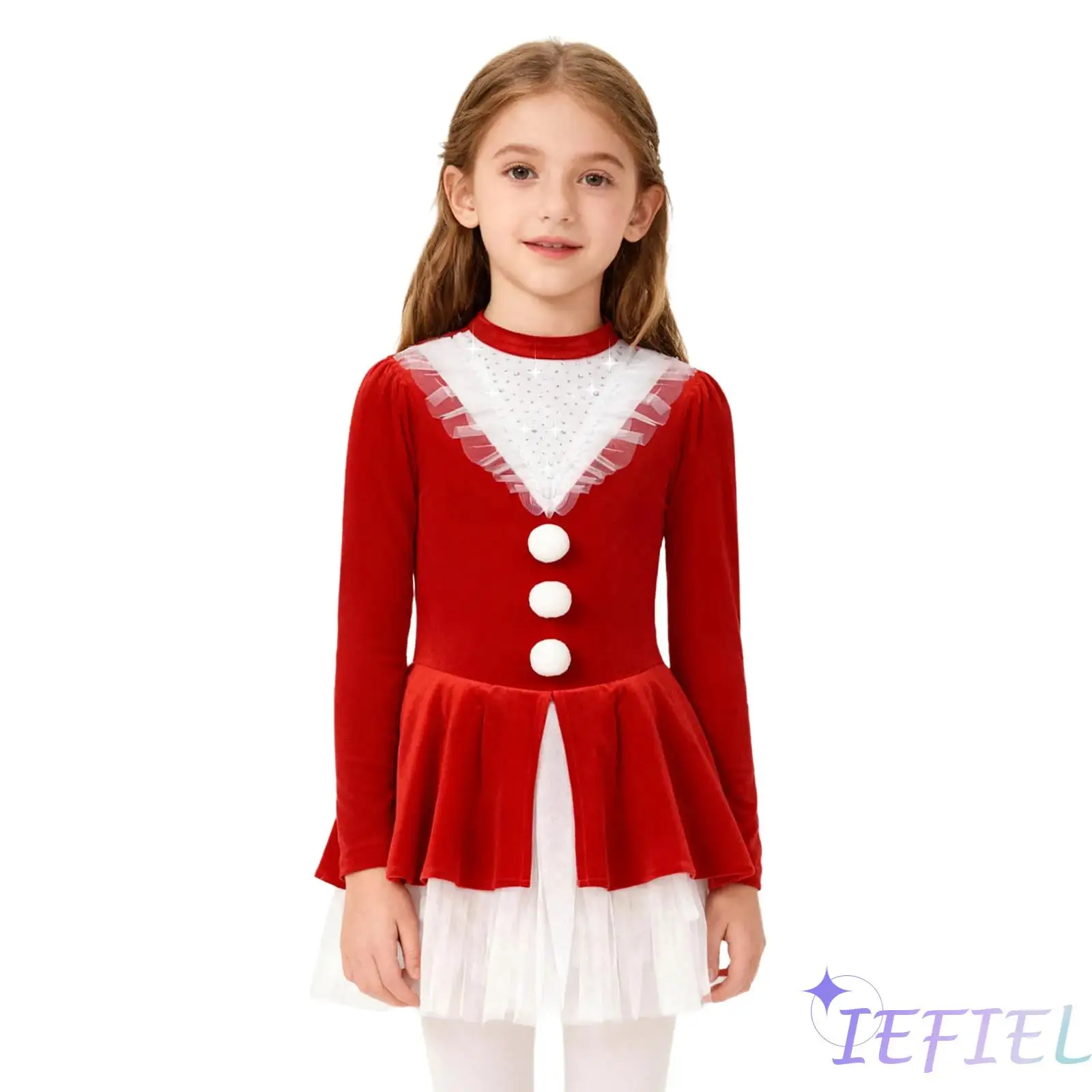 

Kids Girls Christmas Dance Dress Mock Neck Long Sleeve Back Cutout Dress with Built-In Briefs Figure Ice Skating Tutu Dress