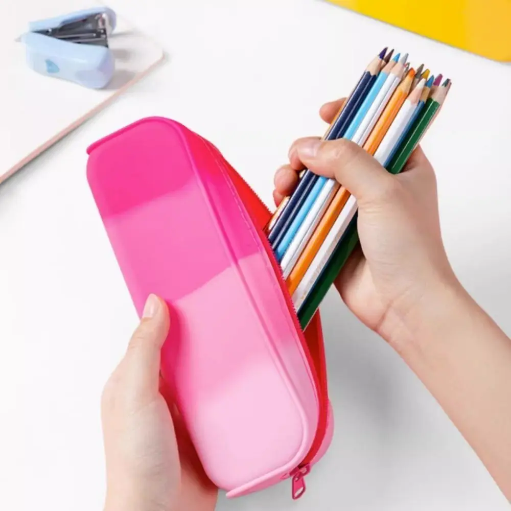 Cute Gradient Color Silicone Pen Bag Large Capacity Waterproof Pencil Case Durable Lightweight Stationery Bag Office