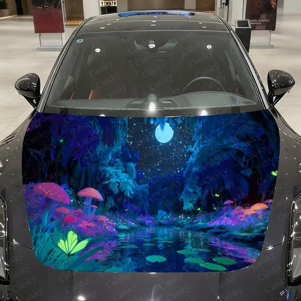 Neon Blue Forest Nightscape Car Vinyl Wrap, PVC Waterproof Car Hood Sticker, Self-Adhesive Scratch-Resistant Stickers