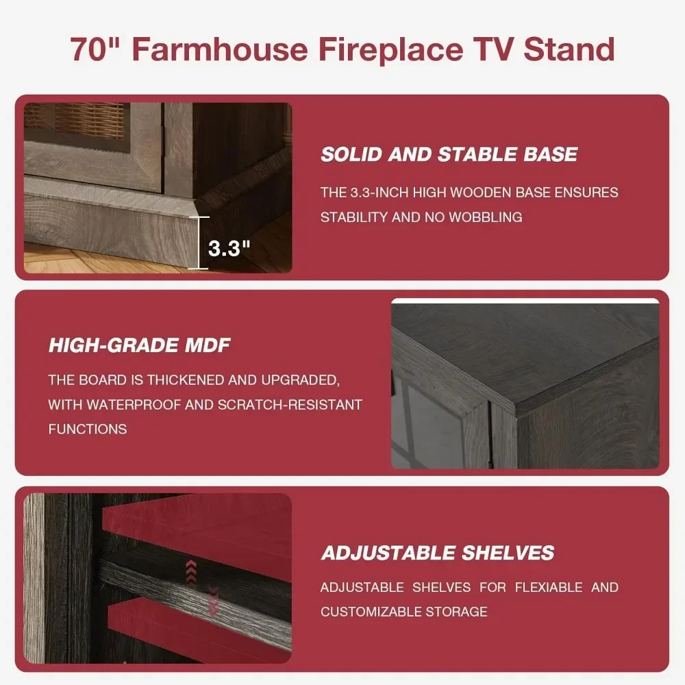 Soporte para TV con chimenea de vidrio de 3 caras de 36 pulgadas para televisores de hasta 80", mesa consola rústica para centro de entretenimiento multimedia