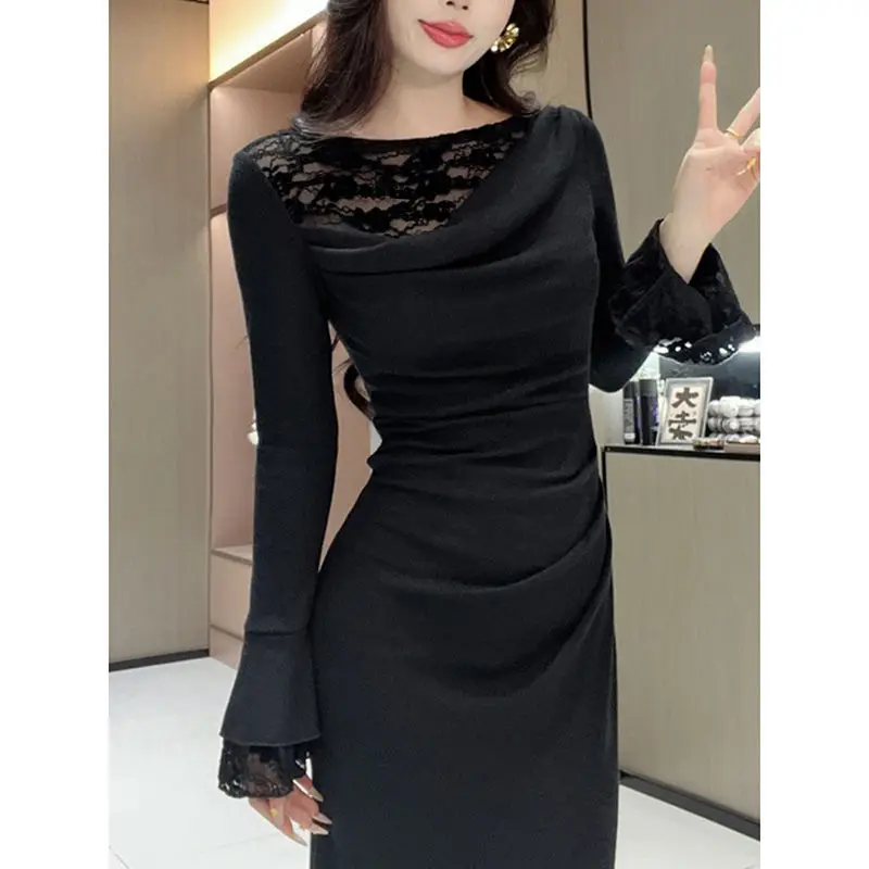 French Style Fashionable Long Sleeved Dress with a High-end Feel New Style Slimming and Age Reducing Look Knee Length Dresses