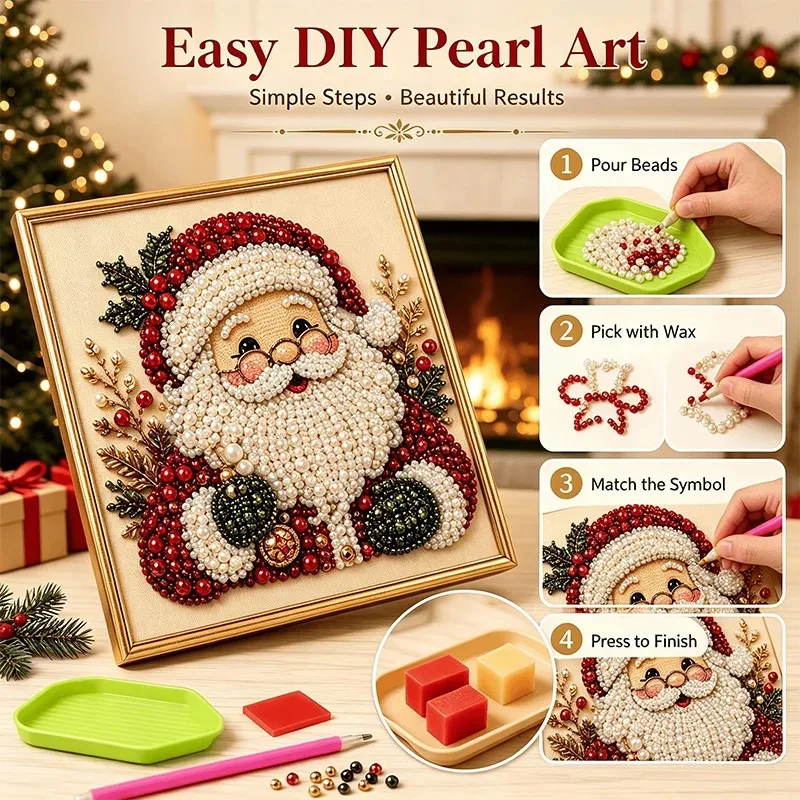 Christmas Pearl Diamond Painting Art Set With Frame DIY Pearl Beads Craft Kit For Adults Beginner Home Decor Wall Art Party Gift - view 5