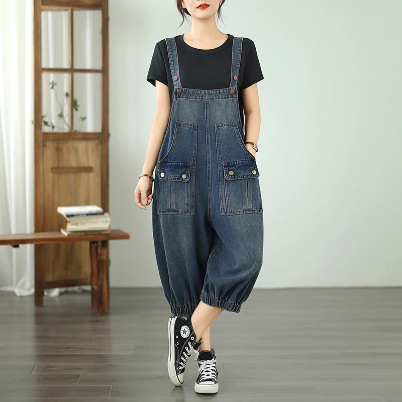 

Spring Autumn Jeans Jumpsuits Woman Casual Loose Big Size Denim Overalls Women Wide Leg Cargo Capri Baggy Pants Straps Slacks