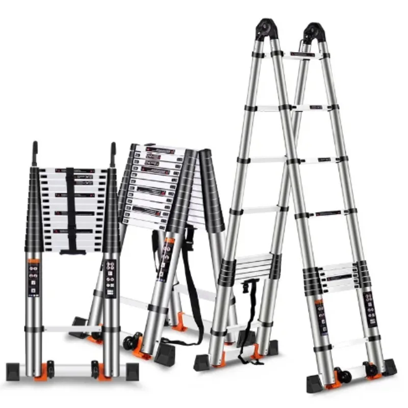Échelle d'extension télescopique moderne en acier inoxydable, 1.4m + 1.4m, conception à chevrons pliable et Portable pour usage domestique