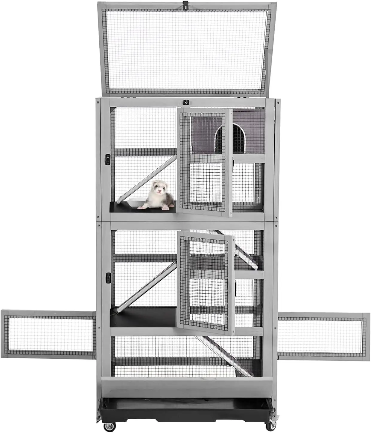 

Large Ferret Cage, Chinchilla Cage with 5 Levels, Wooden Guinea Pig Cages with Wheels, Small Animal
