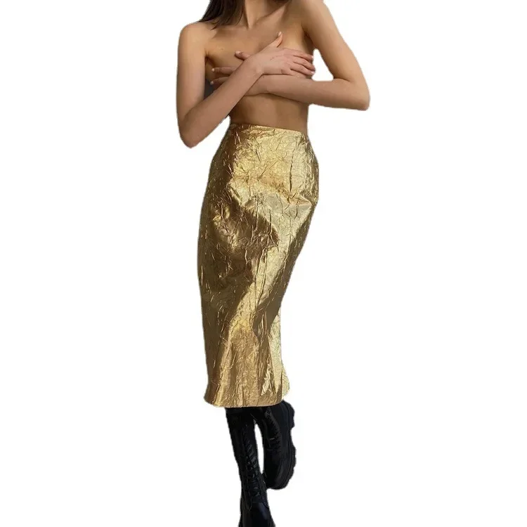 Fashion Slim Gold Women'S Skirt Elegant Chic High Waist Midi Skirts Streetwear Vintage Faldas Skirt Female Clothing 2025 New