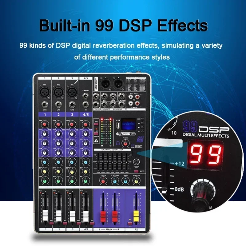 4 Kanaals Bluetooth 99 Effect Mixer Lcd-scherm MP3 + 48 V Fantoomvoeding Thuis Prestaties USB Geluidskaart kleine Mixers US EU Plug