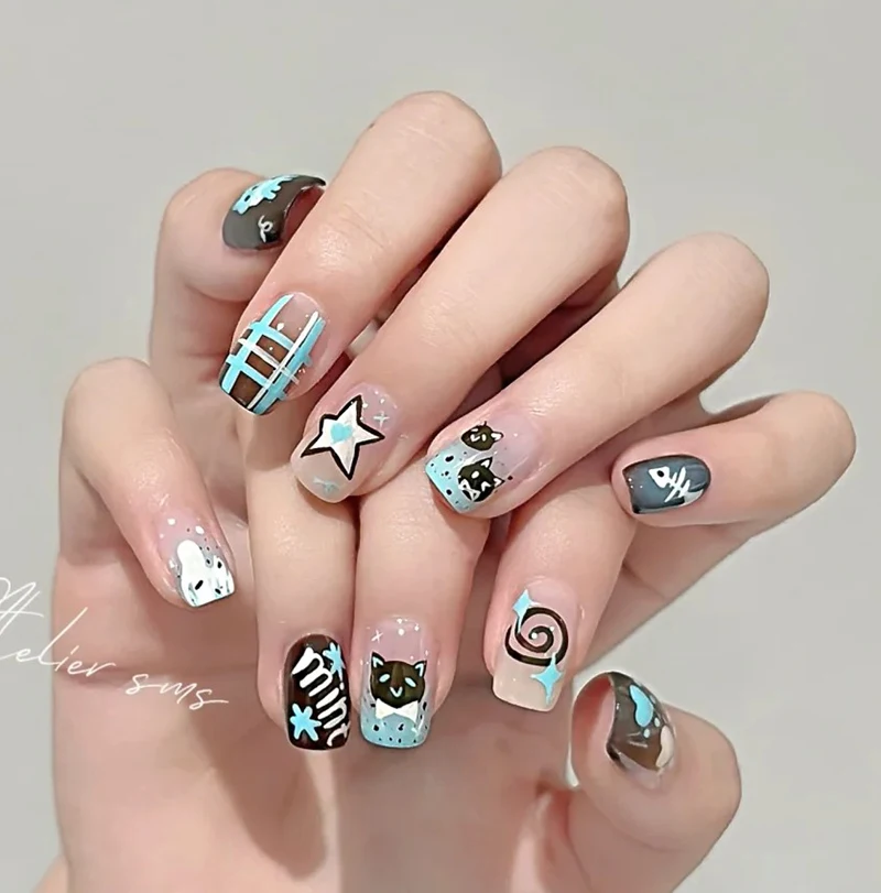 5D Embossed Nail Art Decals Blue Coffee Cute Cats Bears Stars Hearts Nails Stickers Decorations For Manicure