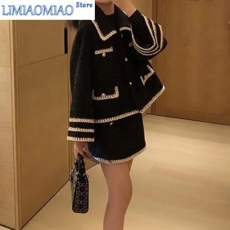 

New Early Autumn Casual Fashion Women's 2-piece Set Doll Collar Long-sleeved Cardigan Top Mini A-line Skirt