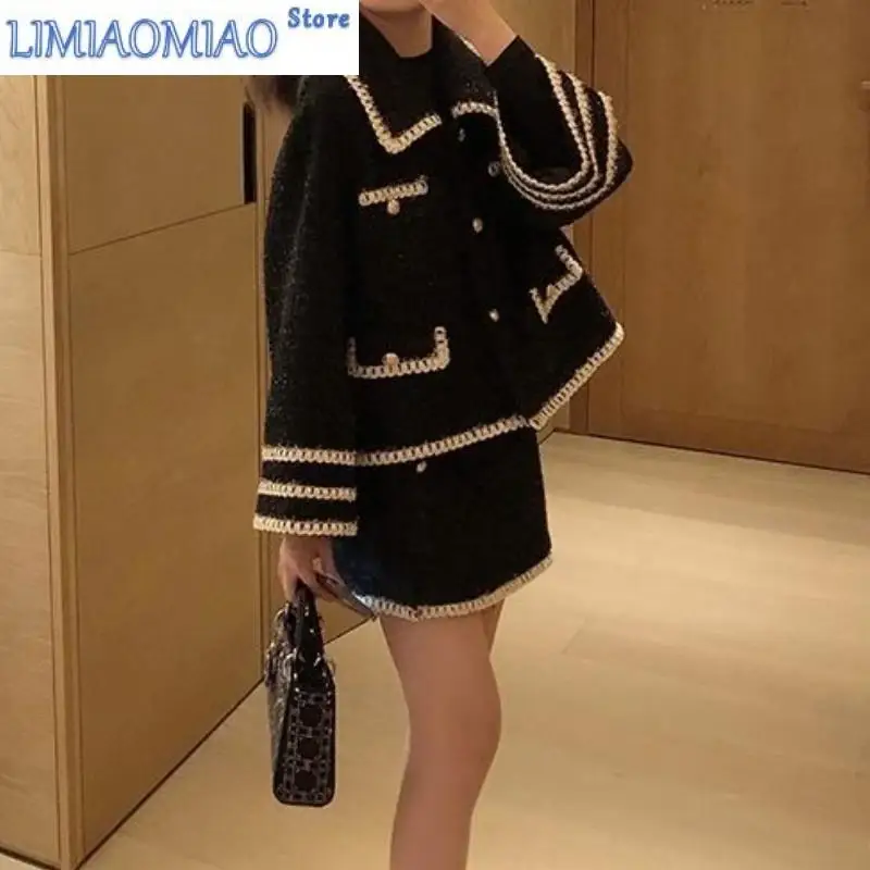 New Early Autumn Casual Fashion Women's 2-piece Set Doll Collar Long-sleeved Cardigan Top Mini A-line Skirt