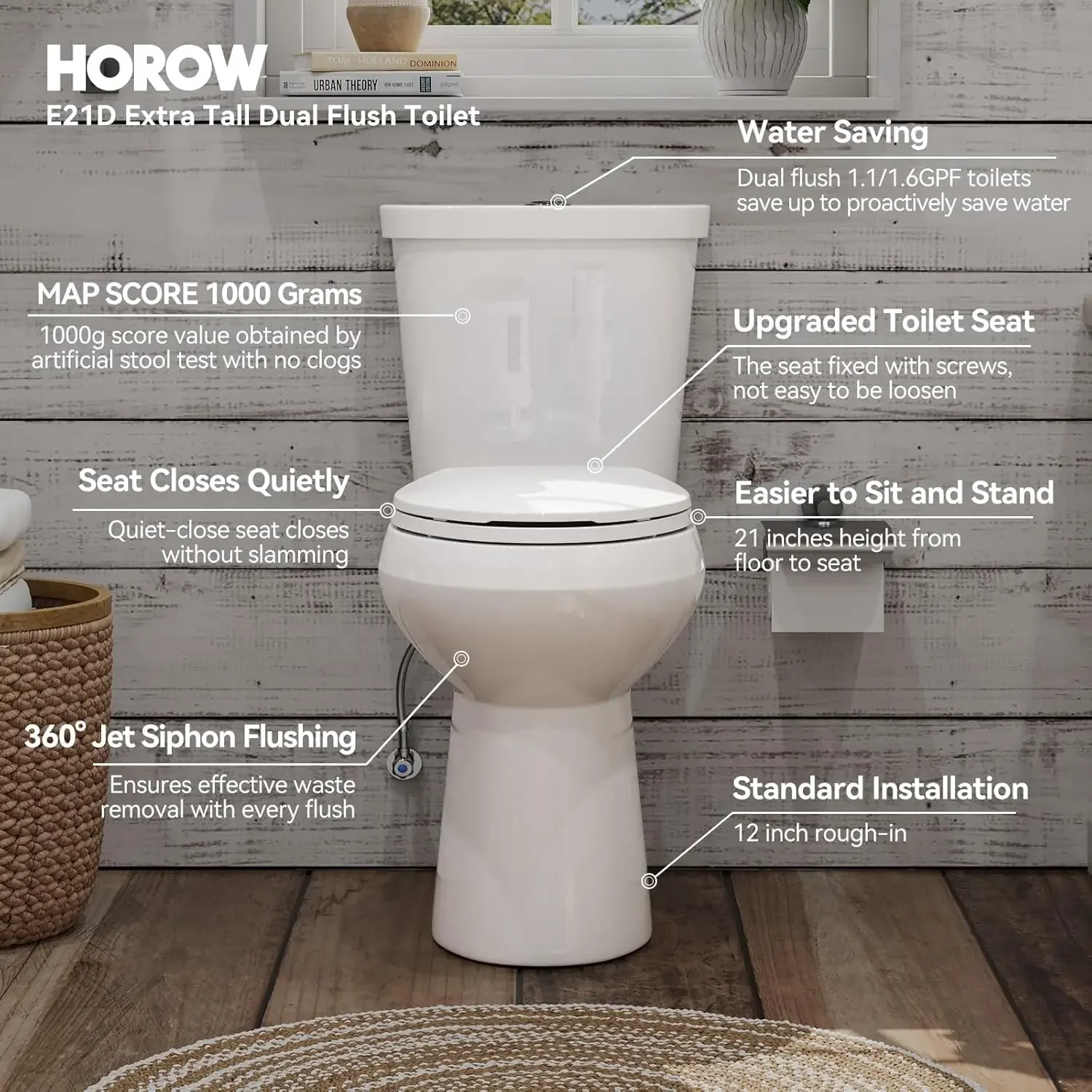 21 Inch Tall Toilets, Extra High Toilets with Comfort Chair Height Seat, 1.1/1.6 GPF Dual Flush Two-Piece Toilet, 12