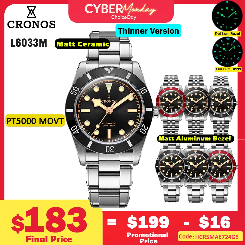 Cronos Luxury Men Watch 37mm Diver BB54 Vintage Automatic Wristwatches Female End Links Sapphire 20 Bar L6033