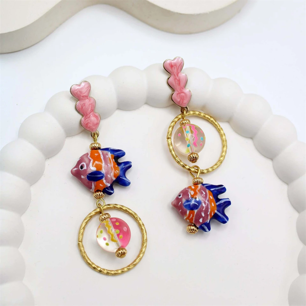 

New Retro Deep Sea Clown Fish Pink Love Earrings and Earrings with Gold Plated Color Preserving