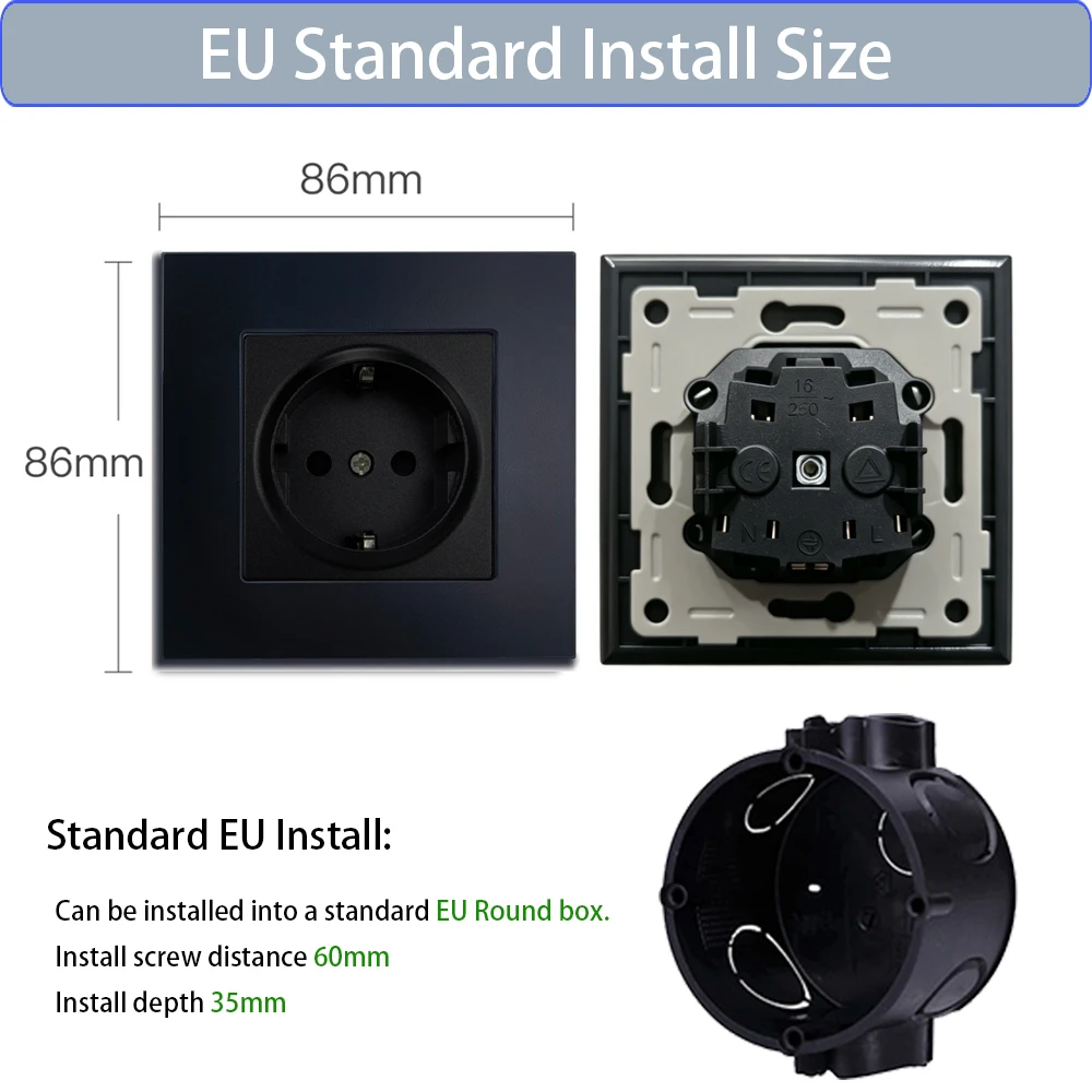 Matte Glass EU French Standard Wall Socket 16A Power Outlet Dual Type-C Fast Charging TV SAT RJ45 CAT6 CAT7 Ethernet Plug