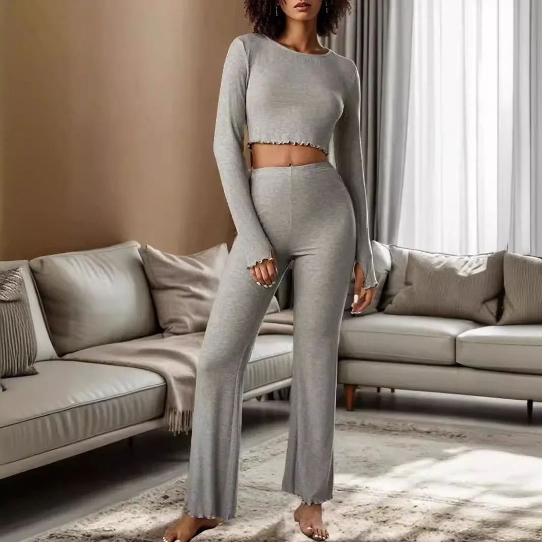 

2024 New Arrival Pant Sets with Long Sleeve Crop Top and Long Pants, Casual Two Piece Sets in Solid Colors for Women