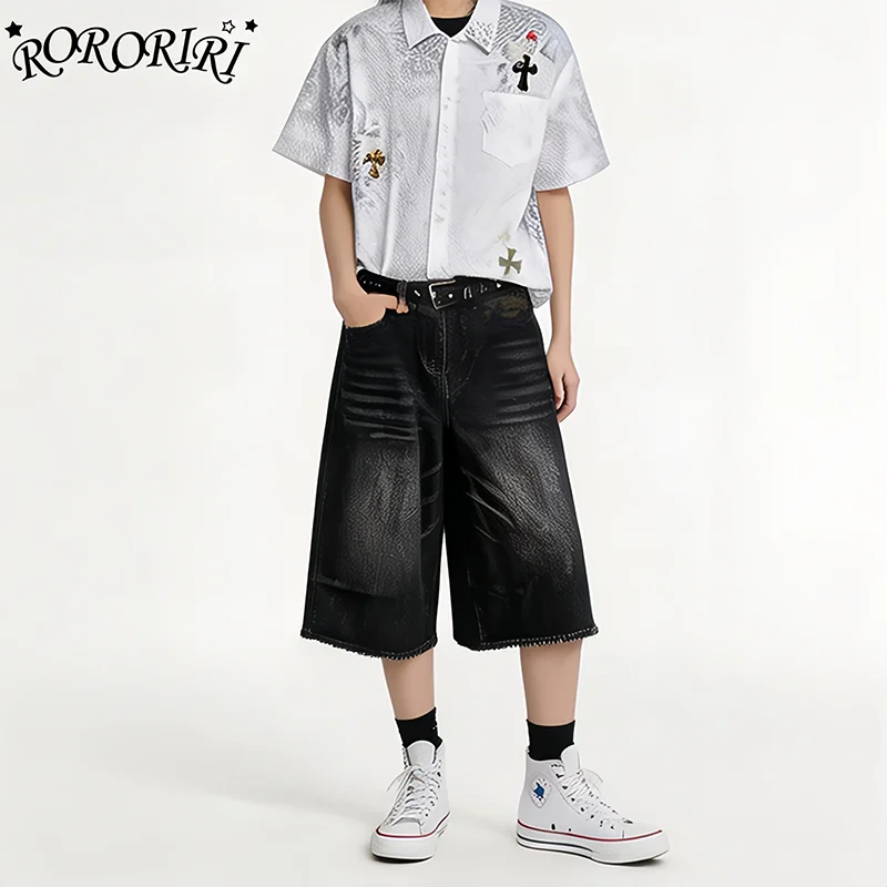 

RORORIRI Pluz Size Woman Jean Jorts Versatile Do Old Low Waist Wide Leg Cleanfit Washed Denim Bermuda Shorts Summer Streetwear