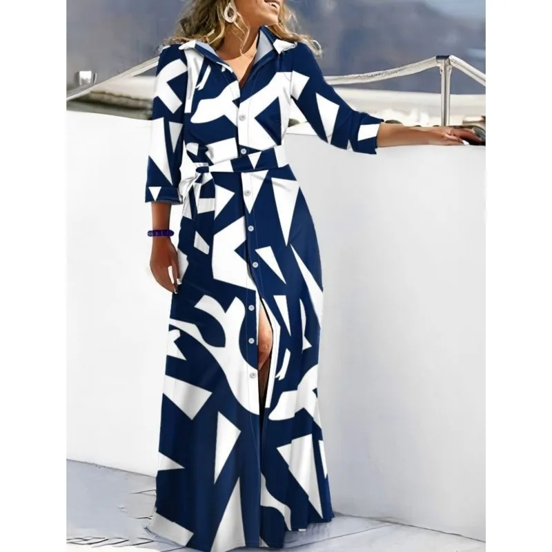 レディース長袖シャツワンピース 2025年春ファッション ターンダウンカラー レースアッププリント マキシ丈ローブ 女性用 シングルブレスト 新作