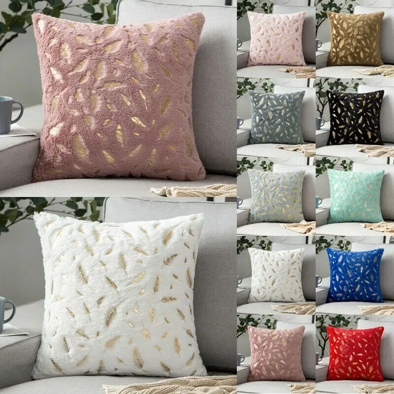 Housses de coussin en peluche en fausse fourrure, décoration de Noël, plumes dorées, feuilles de dorure, taie d'oreiller pour canapé, 45cm