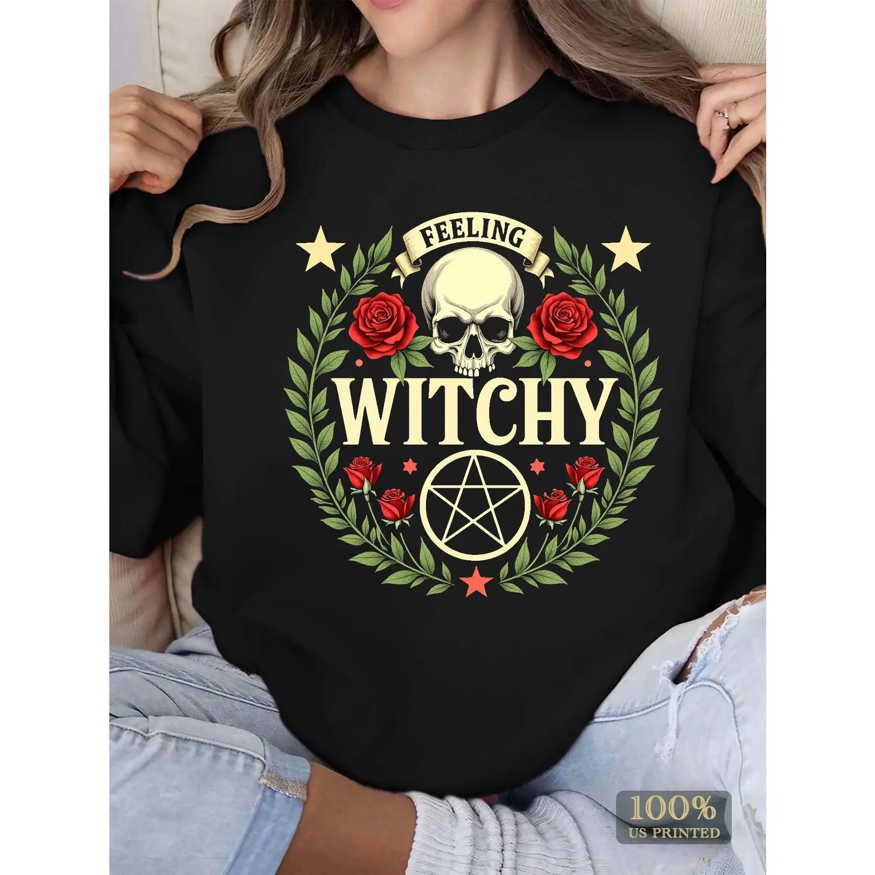 

Feeling Witchy Halloween Crewneck Sweatshirt, Gothic Skull Pentagram Pullover, Witch Occult Style Top for Women